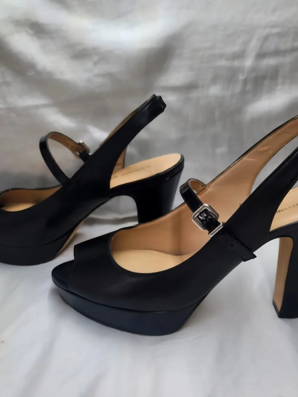 ANTONIO MELANI Black Peep-Toe Slingback Heels with Strap